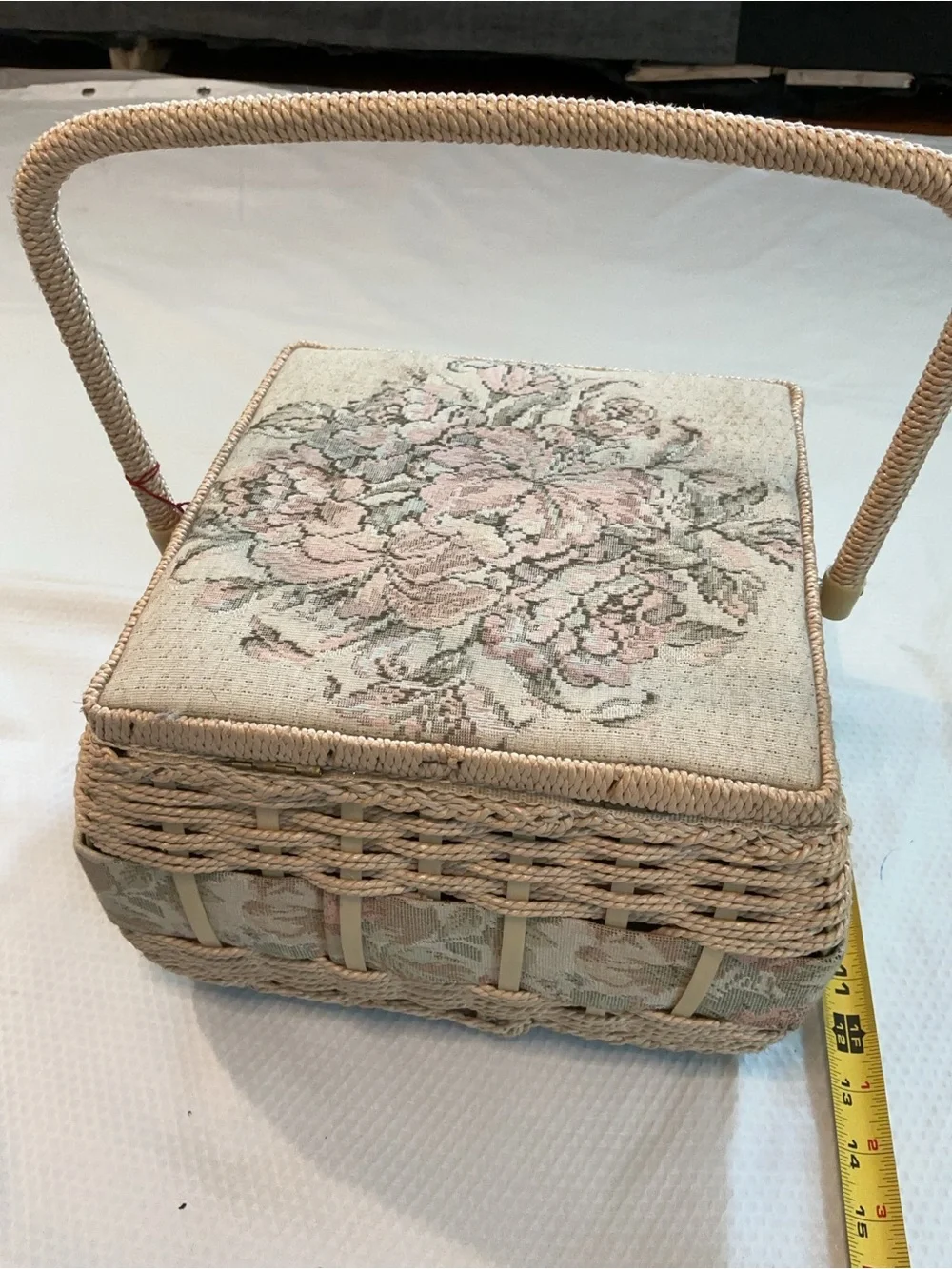 Woven Floral Needlepoint Sewing Basket in Cream and Pink